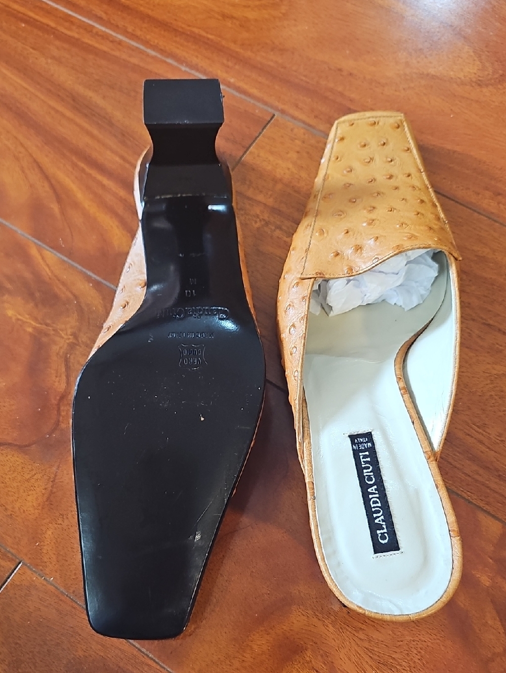 Claudia Ciuti Ostrich-Embossed Camel Leather Mules With Square Toe Sz 10 NWOT - Picture 11 of 12